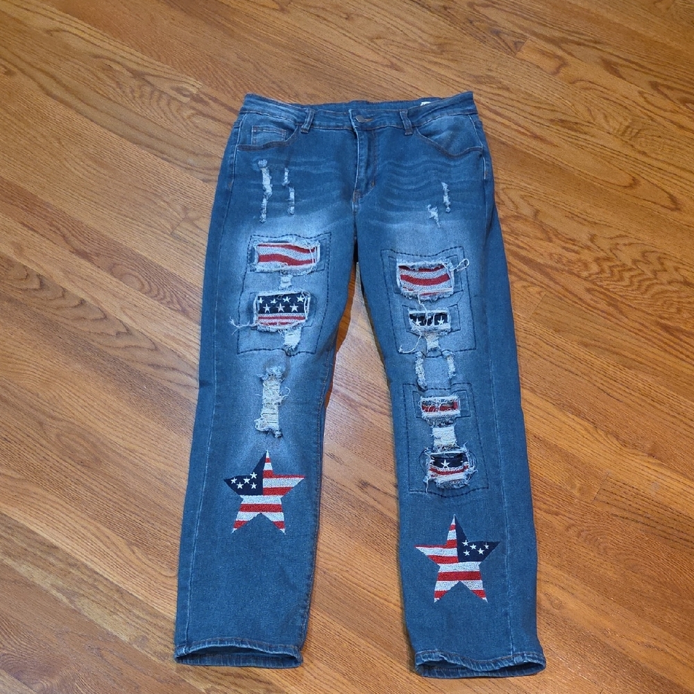 Distressed Denim Jeans with American Flag Patches. XL